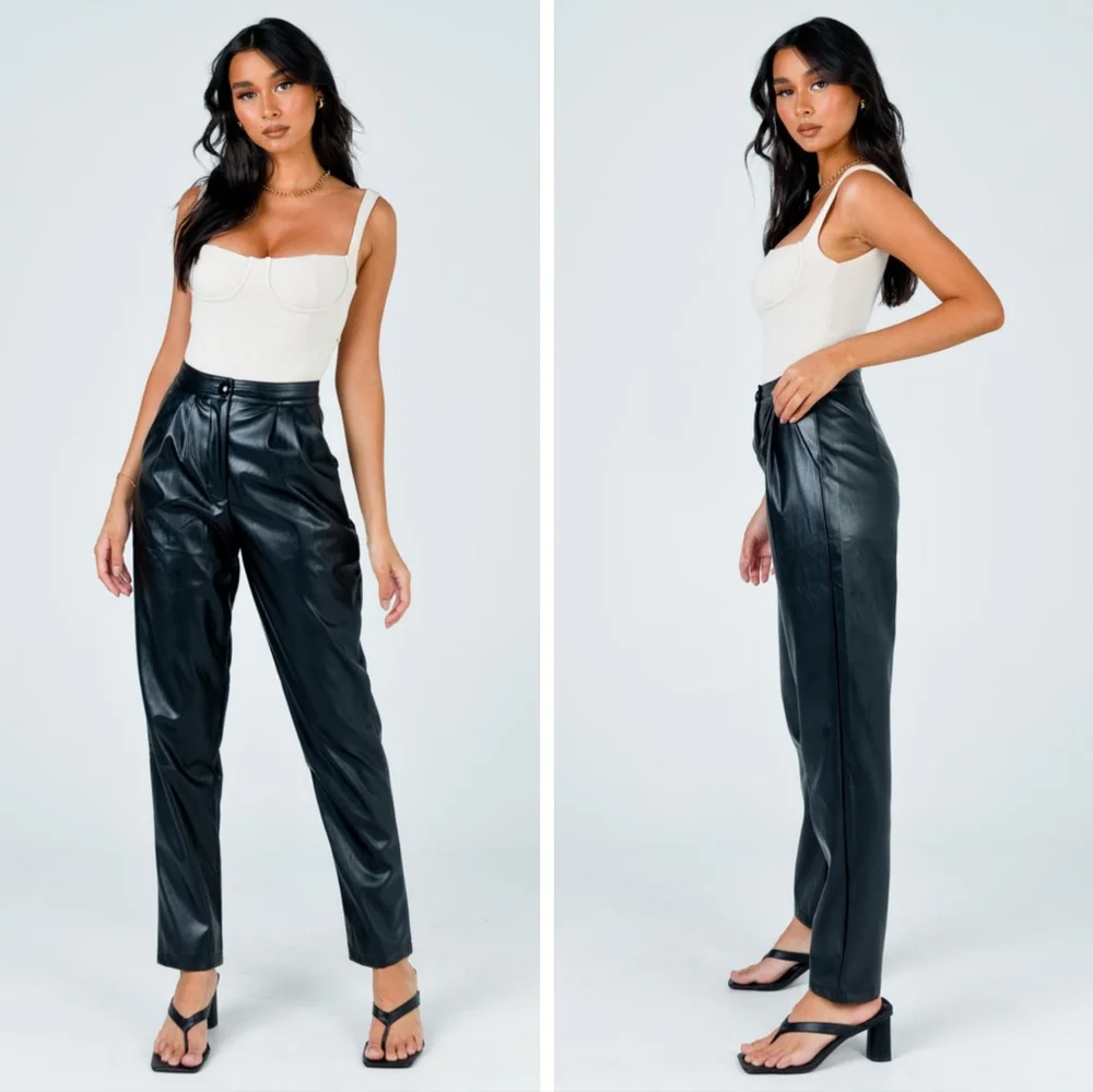 Princess Polly Love Club Faux Leather Straight Leg Pants Black 12 - Picture 2 of 11